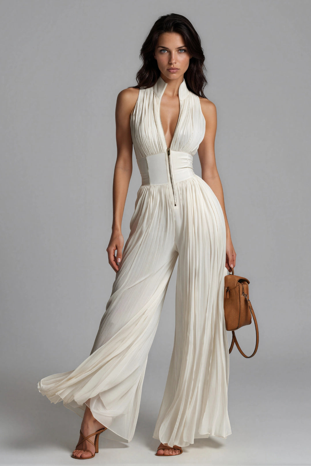 Vivienne Pleated Zip-Front Wide-Leg Jumpsuit