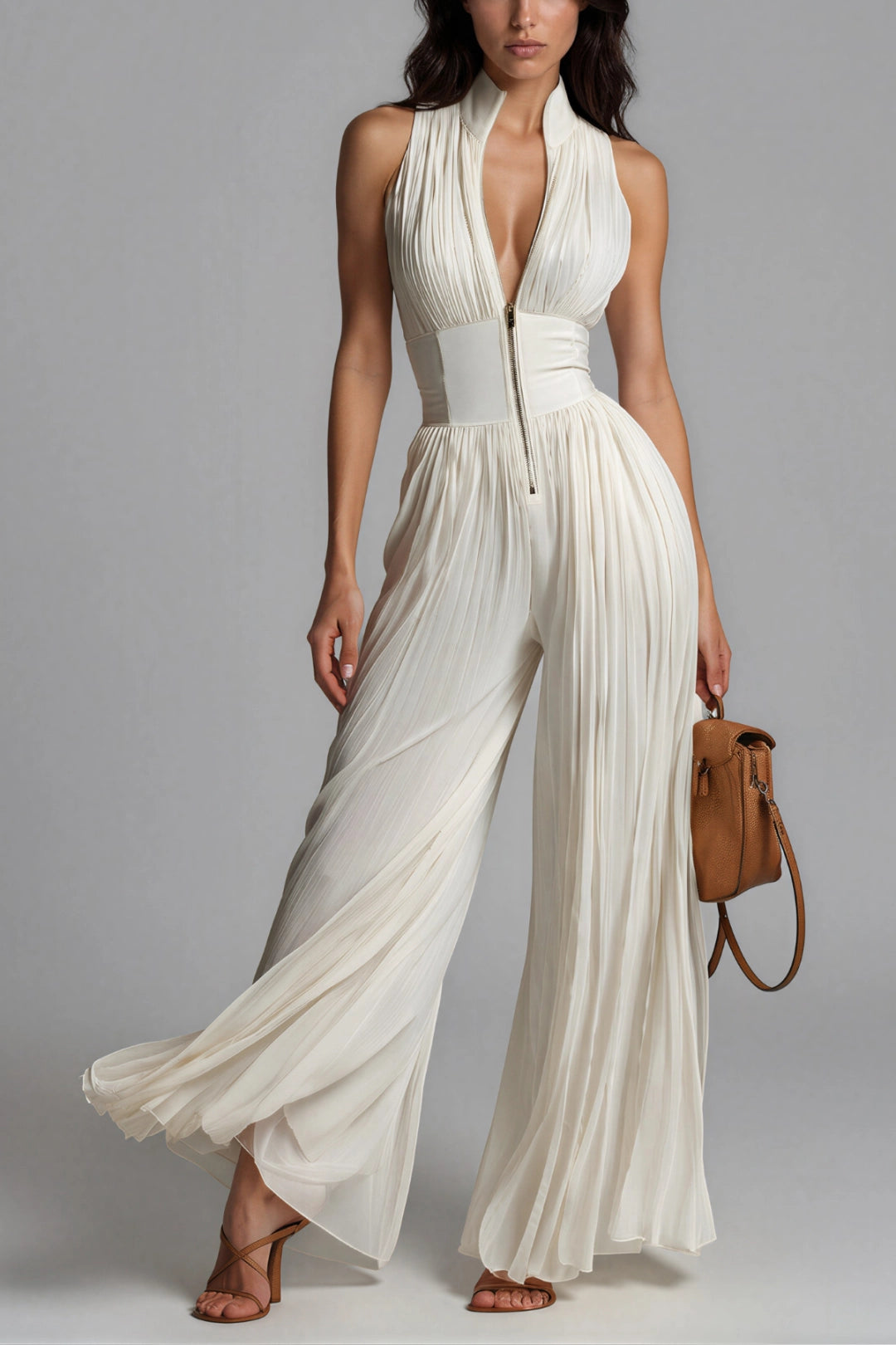 Vivienne Pleated Zip-Front Wide-Leg Jumpsuit
