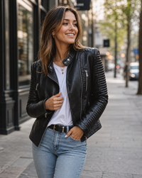 Vivienne Ribbed-Sleeve Faux Leather Biker Jacket