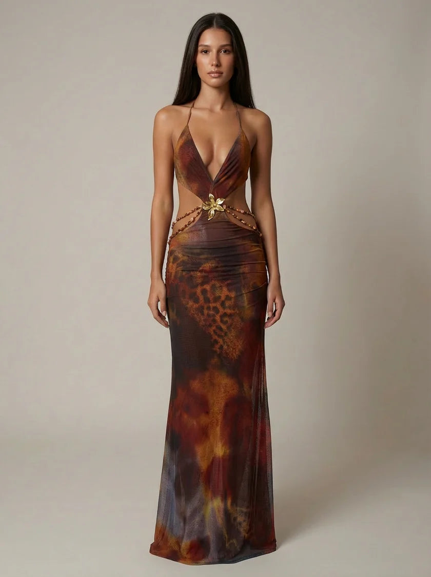 Zafina Backless Halter Deep V Maxi Dress
