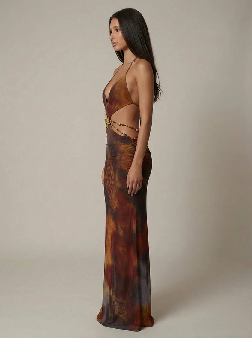 Zafina Backless Halter Deep V Maxi Dress