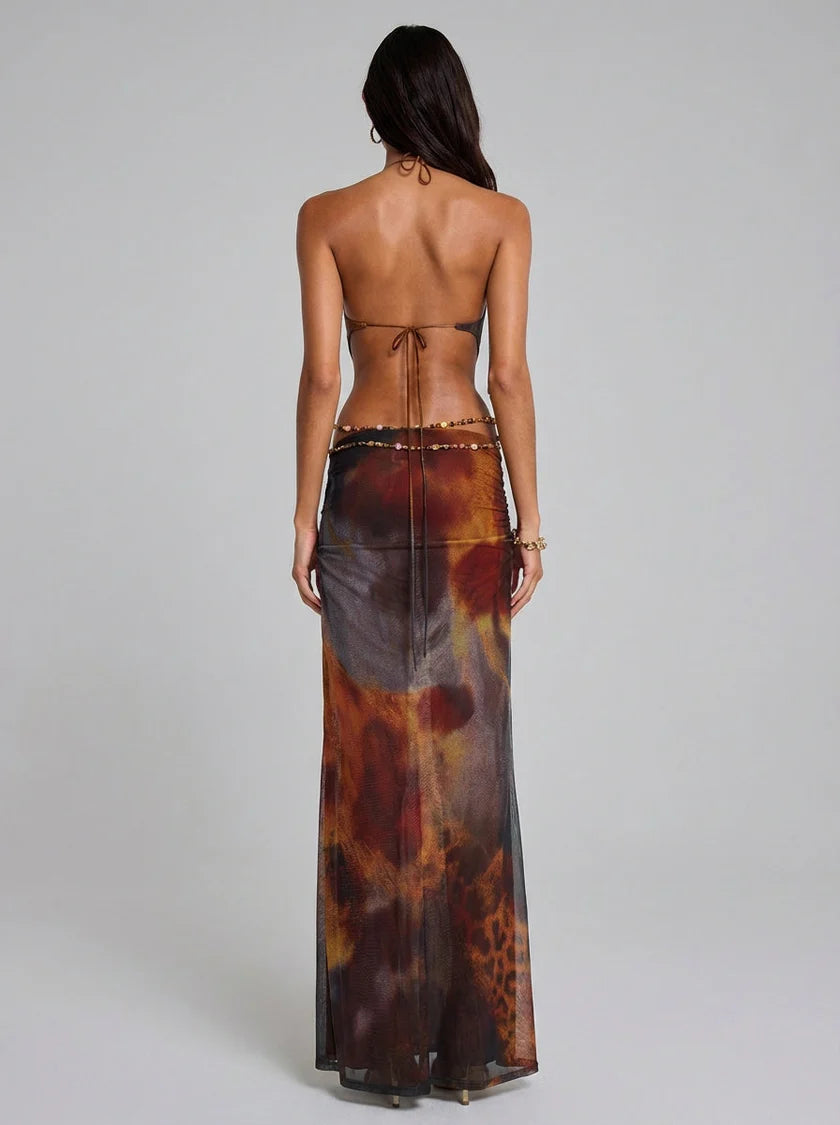 Zafina Backless Halter Deep V Maxi Dress
