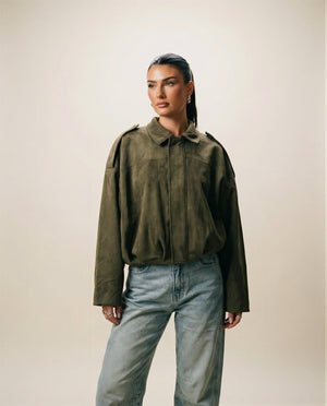Women's Boxy Cropped Jacket in Olive Suede